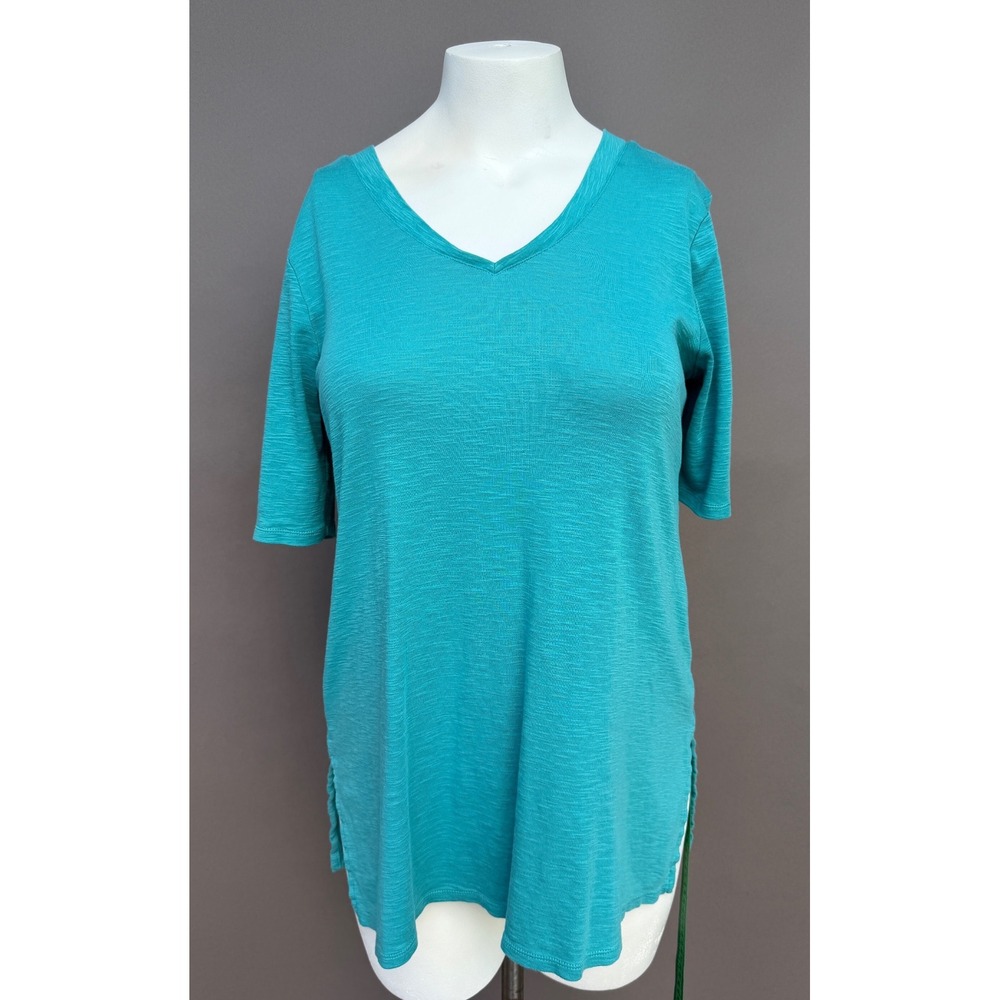 J Jill Pima Cotton Double V-Neck Elbow Sleeve Tunic Medium Teal Slub Knit Top